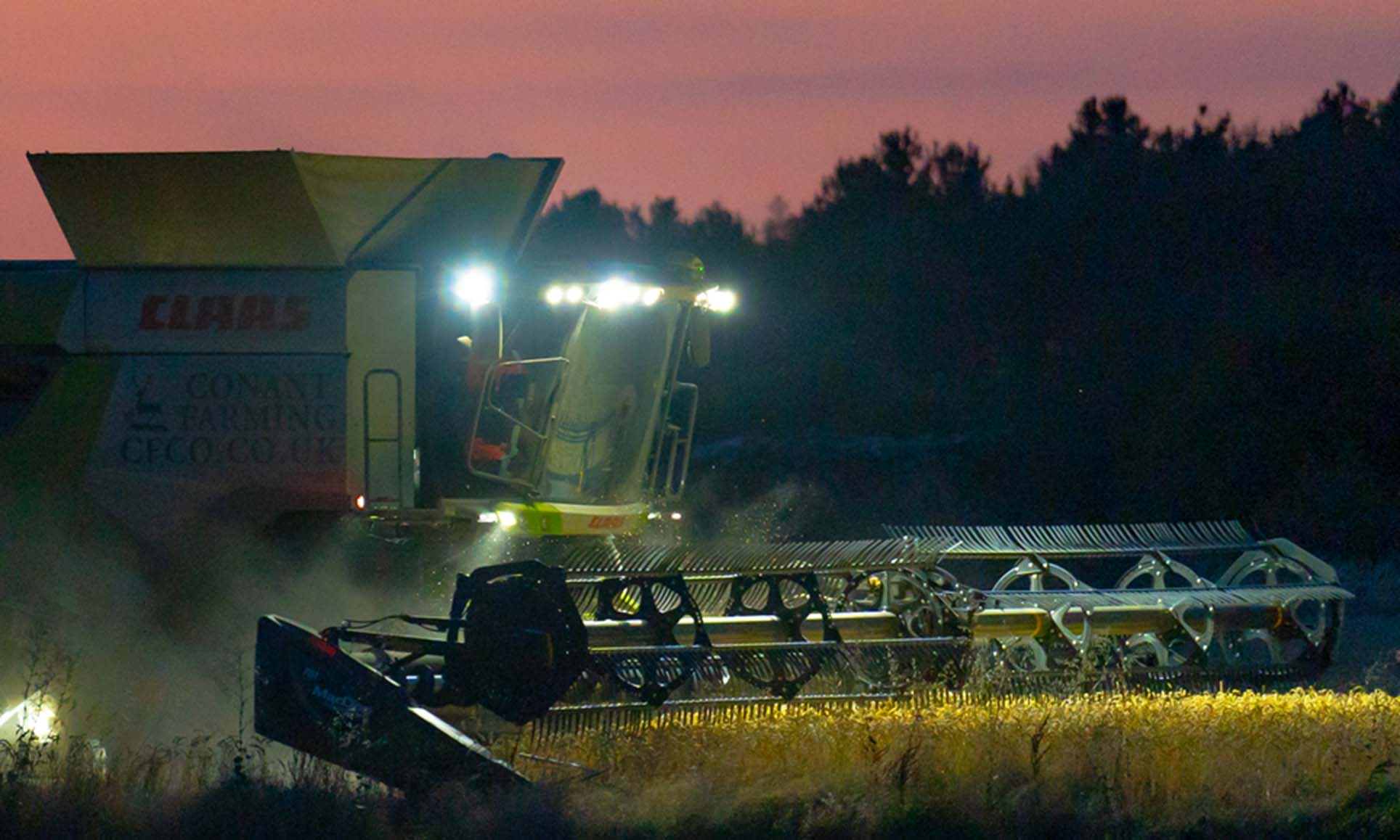 Tom harvesting into the night getting headlands cut following a spectacular sunset in Northamptonshire..