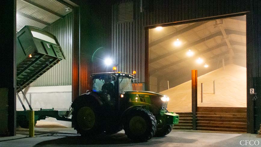 Bulwick Storage Facility - Nightime harvest, tipping wheat into the pit for automated handling to the dryer and bulk storage shed.